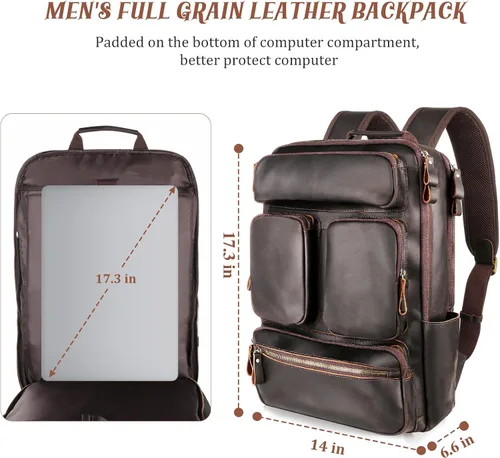 Vista 5 de Mochila vintage de cuero genuino para hombres 17.3 pulgadas, mochila de cuero de grano completo, mochila de viaje para fin de semana, senderismo