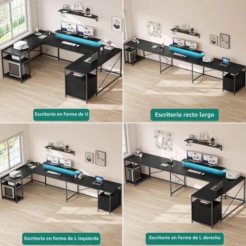 Vista 3 de YITAHOME Escritorio en Forma de U con Tomas de Corriente y Luces LED, Escritorio Reversible en Forma de L de 79" con Cajones, Escritorio de Esquina