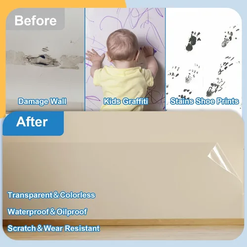 Vista 4 de Juego de 2 películas protectoras electrostáticas de pared con cortador de película, protector de pared transparente extraíble, película protectora