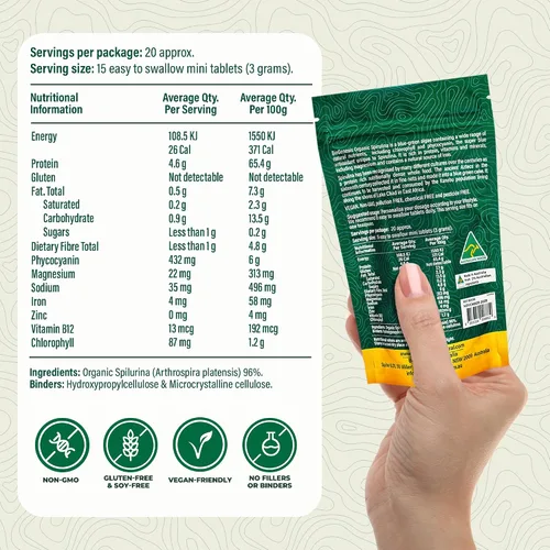 Vista 4 de Biogenesis Mini tabletas de espirulina orgánica, 300 unidades (200 mg) Algas azul-verdes cultivadas en Australia Ricas en ficocianina, clorofila