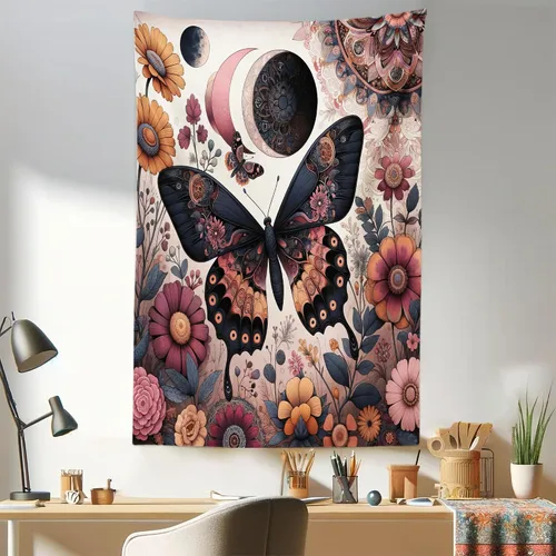 Vista 179 de Ambesonne Tapiz bohemio, diseño floral de bruja, luna y mariposa con adornos de mandala, decoración de tela para colgar en la pared para dormitorio