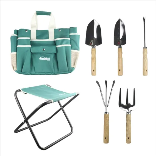 Vista 2 de Juego de herramientas de jardín, kit de herramientas de regalo de jardinería resistente, incluye taburete plegable con bolsa de herramientas, 5