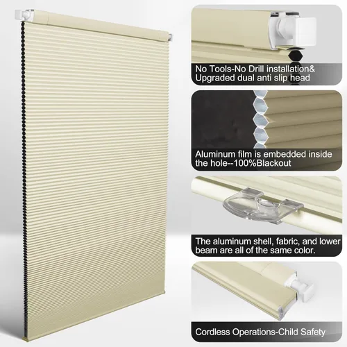 Vista 5 de Persianas opacas de celdas fáciles de instalar, para ventanas interiores, persianas de panal sin cordón, con aislamiento térmico y reducción