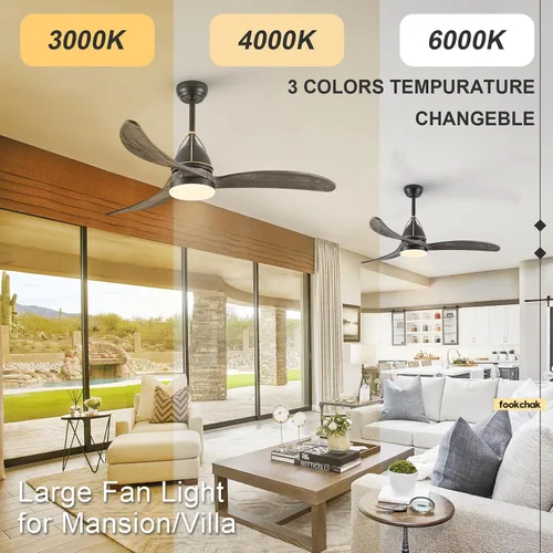 Vista 2 de Ventilador de techo de 52 pulgadas de madera gris sólida con luces, 3 aspas, ventilador de techo estilo granja, ventiladores negros para exteriores