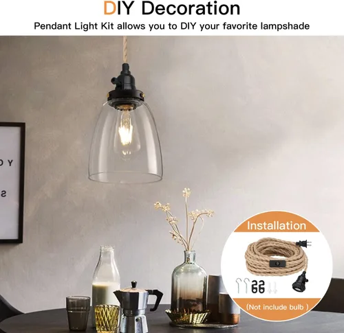 Vista 7 de Kit de luces colgantes de 16.5 pies, luces colgantes con cable de enchufe e interruptor, lámpara colgante de cuerda de cáñamo E26, cable de linterna