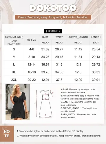 Vista 6 de Dokotoo Vestido corto cruzado con cuello en V para mujer, manga corta, acampanada, cintura elástica, escalonada, dobladillo con volantes y cinturón