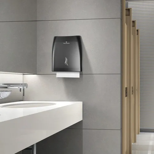 Vista 5 de Oasis Creations - Dispensador de toallas de papel sin contacto para montaje en pared, capacidad para 500 toallas de papel multipliegues, color negro