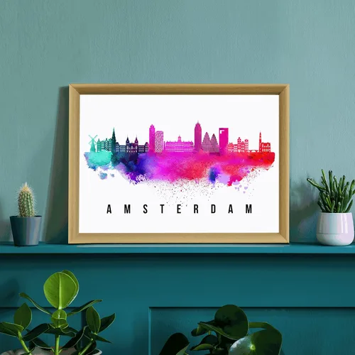 Vista 3 de Póster de Amsterdam Skyline Netherlands, pintura de paisaje urbano e impresión de monumentos, decoración para el hogar, oficina, 12 x 18 pulgadas