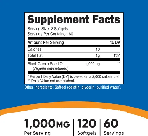 Vista 2 de Nutricost Aceite de semilla negra (comino), prensado en frío, fuente de Omega 3 6 9-120 cápsulas blandas, 1000 mg por porción, 60 porciones, sin OMG