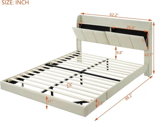 Vista 2 de Base de cama flotante de tamaño Queen, con luces LED de ambiente y carga USB, base de cama LED moderna tapizada de poliuretano con plataforma LED