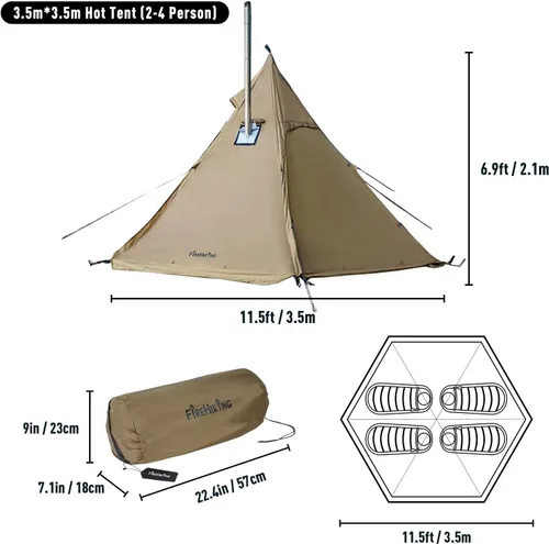 Vista 6 de FIREHIKING Tienda de campaña caliente para 2-4 personas Tipi con estufa Jack para mochileros Caza 11'6" x 6'11" with Stove Jack