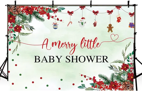 Vista 3 de MEHOFOND Telón de fondo de Navidad de 7 x 5 pies para baby shower con texto en inglés "A Merry Little Baby Shower Decoraciones", pancarta roja