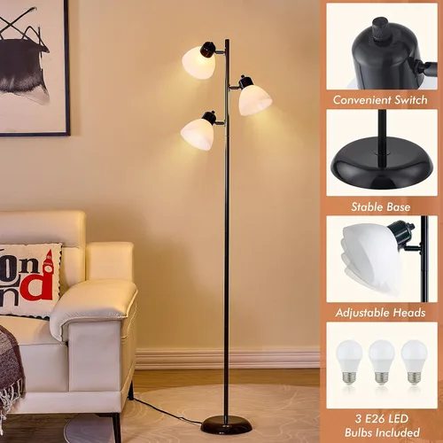 Vista 4 de Lámpara de pie moderna estilo árbol para sala de estar y dormitorio, lámpara de pie alta con 3 cabezales ajustables y giratorios para oficina
