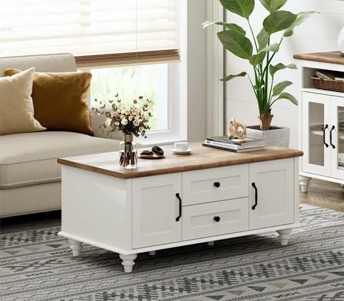 Vista 11 de WAMPAT - Mesa de café de granja con gabinete de almacenamiento, mesas de café de madera para la sala de estar, mesa de té rústica rectangular