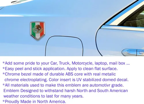 Vista 3 de Calcomanía 3D cromada con la bandera de México, emblema mexicano, forma de escudo de Car Chrome Decals