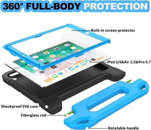 Vista 9 de YIHE - Funda infantil para iPad de 9.7 pulgadas con protector de pantalla, mango a prueba de golpes, funda convertible con soporte para iPad 9.7