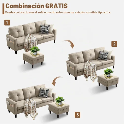 Vista 6 de Juego de sofá seccional de 2 piezas, juego de sofá y silla de 3 asientos con bolsillos laterales y otomana de almacenamiento móvil, moderno juego
