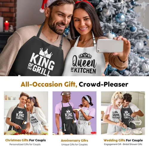 Vista 6 de Juego de delantales King & Queen, delantales de cocina a juego para parejas con bolsillos profundos y costuras reforzadas, equipo de cocina