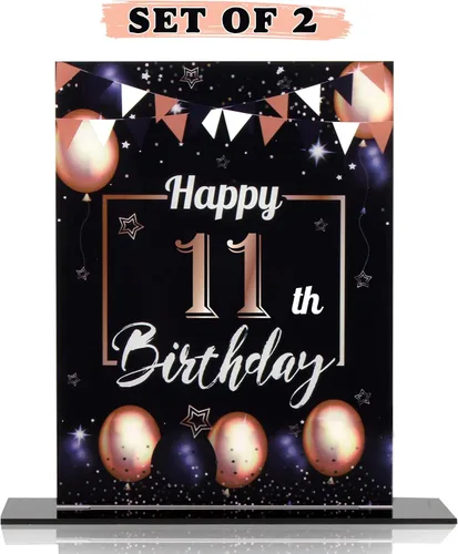 Vista 198 de LINGTEER Decoraciones de feliz cumpleaños número 11, 2 piezas de soporte de acrílico con impresión de pie rosa y azul, tablero de telón de fondo