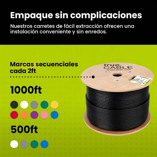 Vista 5 de TRUE CABLE Cable Ethernet a granel de elevación blindada Cat6 (CMR), 1000 pies, negro, cobre desnudo sólido 23 AWG, 550 MHz, escudo total de papel
