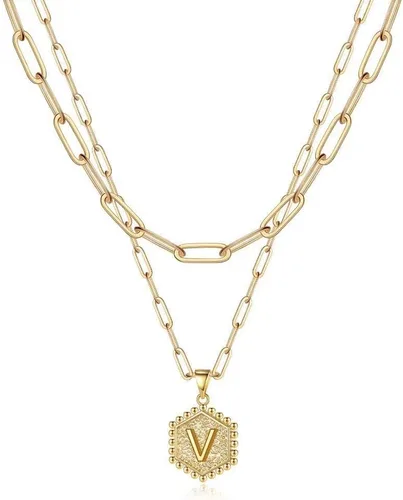 Vista 54 de M MOOHAM - Delicado collar de oro para mujer, de 14 quilates, en capas, lindos collares con letra hexagonal con inicial para mujer, regalos