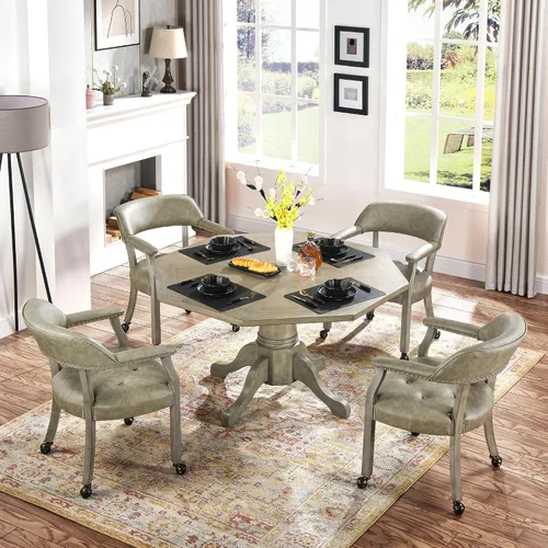 Vista 3 de Juego de 2 sillas de comedor con ruedas, poliuretano gris antiguo Gris (Antique Grey)