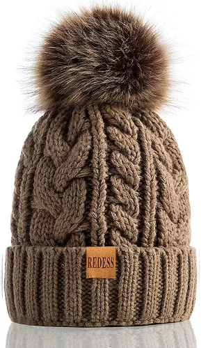 Vista 18 de Redess Gorro de invierno con pompón y forro polar cálido, grueso y holgado, tejido, para la nieve, para esquiar, para mujer Beige