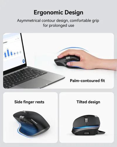 Vista 8 de TECKNET Ratón Inalámbrico, Ratón Bluetooth (BT5.0/5.0 & 2.4G) Ratón Óptico Ergonómico Recargable 4800 DPI con 6 Ajustables, Clics Silenciosos, Negro