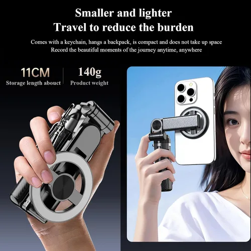 Vista 5 de Palo selfie magnético, 4 en 1 con control remoto, 4.3 pulgadas para vlogging Aluminum Alloy Rod, N52 Magnets, 10m Bluetooth Remote, 360° Rotation