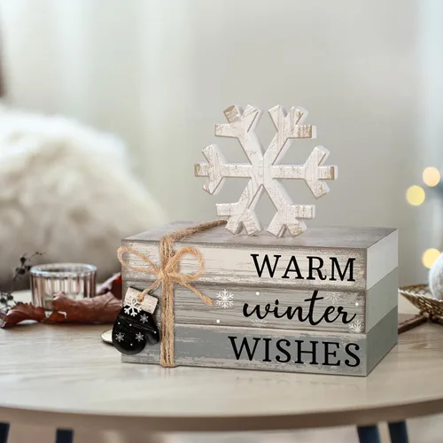 Vista 6 de 4 piezas de decoración de mesa de invierno con copos de nieve, decoración de bandeja escalonada de deseos cálidos, decoración de centro de mesa