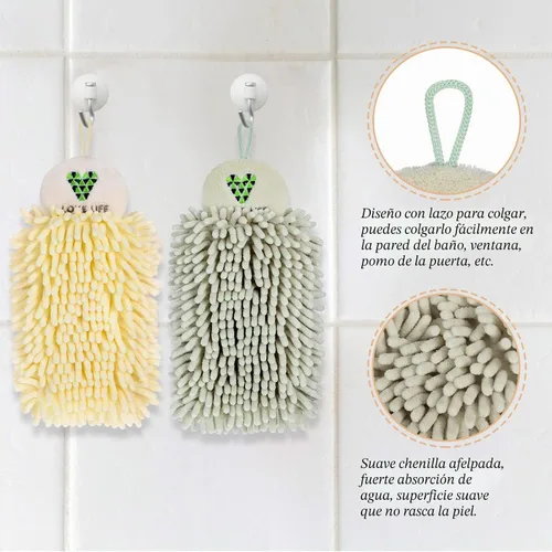 Vista 3 de Kinlop 4 toallas de mano de chenilla para colgar, de microfibra, con bucles para colgar, para baño, color beige y verde claro