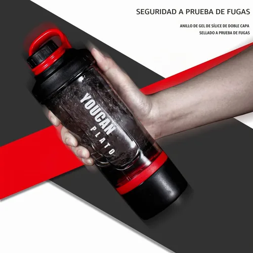 Vista 5 de Botella agitadora de proteínas de 21 oz con contenedor de almacenamiento de polvo - Tazas agitadoras para batidos de proteínas - Botella de Rojo