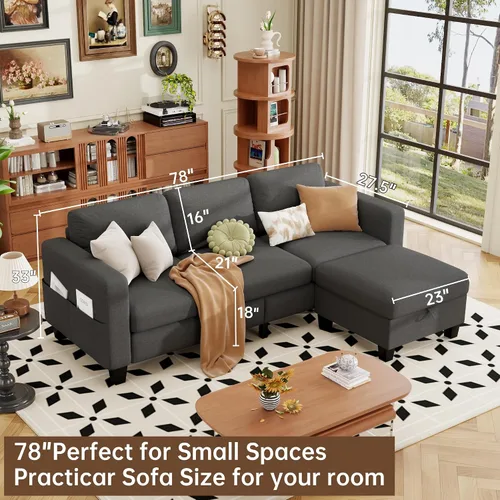 Vista 2 de ZeeFu Sofá modular con otomana de almacenamiento, 78 pulgadas en forma de L modular, sofás de 3 plazas para sala de estar, juego de tela de lino