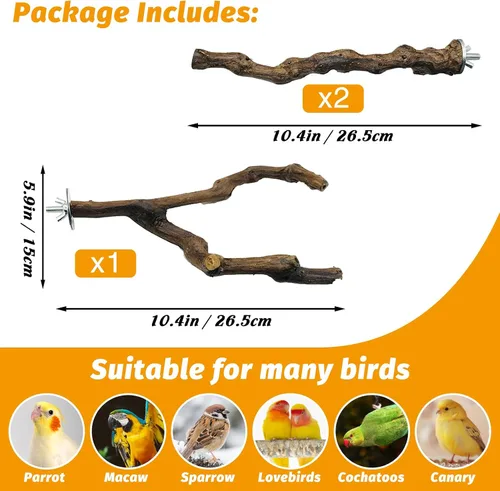 Vista 2 de kathson 3 piezas de perca natural de loro para jaula de madera para pájaros de uva, palito de pájaro de uva, periquitos, ramas de pie, juguete