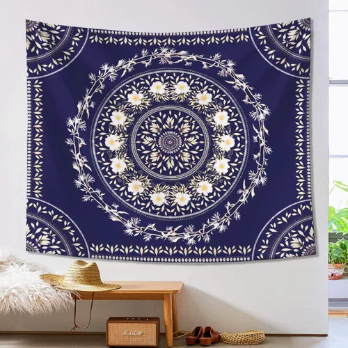 Vista 3 de Lifeel - Tapiz bohemio azul para colgar en la pared, tapiz hippie de mandala, medallón floral con diseño de corona estética blanca, manta decorativa