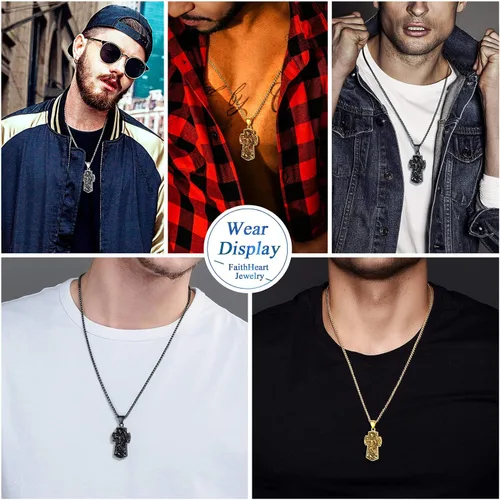 Vista 6 de FaithHeart - Collar de San Miguel, dije personalizado de protección del arcángel, para hombres y mujeres, acero inoxidablechapado en oro Medalla
