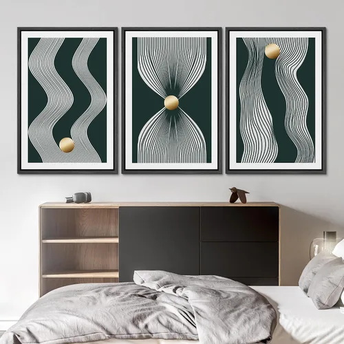 Vista 3 de SIGNLEADER Lienzo enmarcado para pared, juego de arte abstracto geométrico verde esmeralda, arte moderno geométrico zen de mediados de siglo