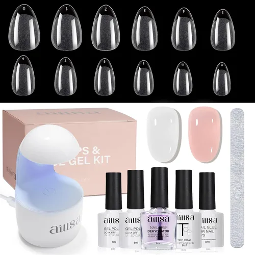 Vista 10 de AILLSA Kit de uñas almendra con lámpara UV, 240 piezas de puntas de uñas cortas de gel y kit de pegamento en gel con pegamento de uñas 2 en 1, capa