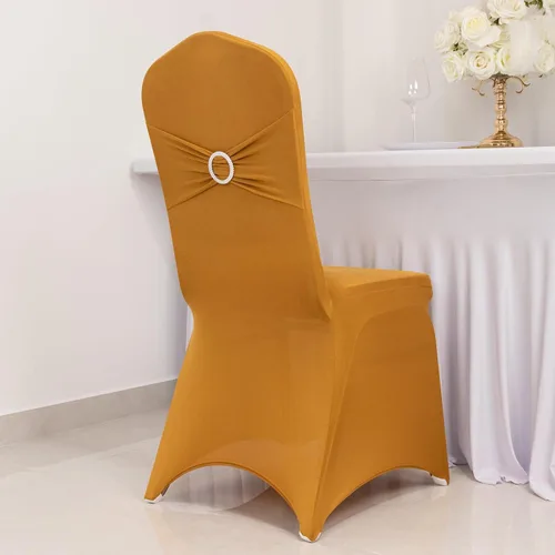 Vista 66 de Efavormart - Funda para silla de banquete de elastano beige con banda de hebilla de diamantes de imitación plateados, funda elástica para silla