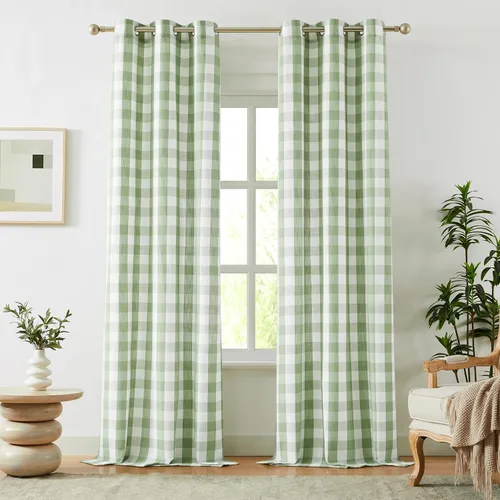 Vista 16 de Amzdecor Cortinas a cuadros con ojales de búfalo de 54 pulgadas de largo, cortinas texturizadas semitransparentes para sala de estar, dormitorio