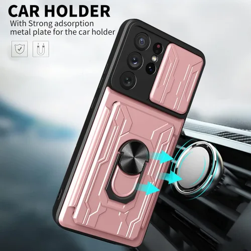 Vista 2 de Funda para Galaxy S21 Ultra 5G, diseñada para Samsung S21U con protector de pantalla, soporte para tarjetas desmontable, ranura para anillo, soporte