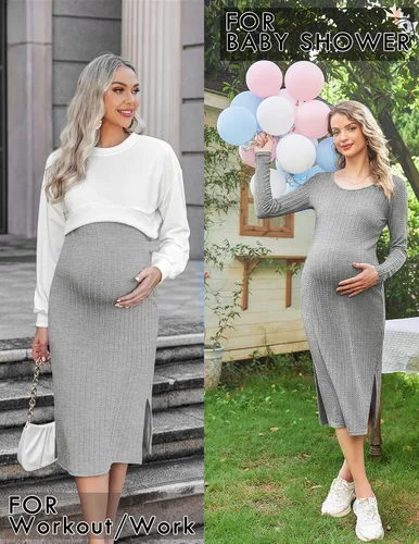 Vista 3 de Ekouaer Maternity Dress Rib Knit Long Sleeve Side Slit Bodycon Dresses Pregnancy Baby Shower Clothes S-XXL