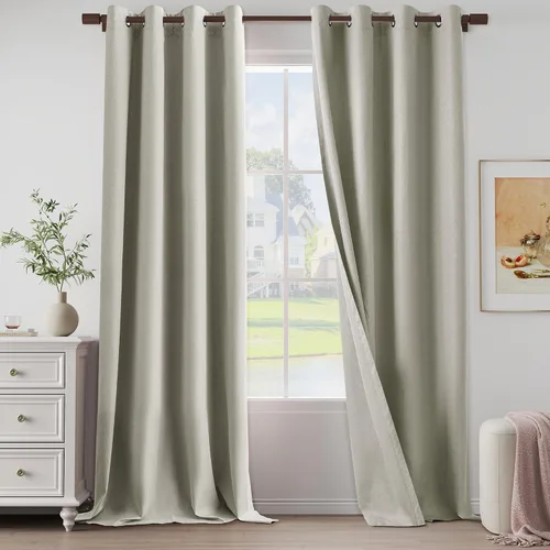 Vista 48 de Cortinas texturizadas de lino 100% opacas de 64 pulgadas de largo, juego de 2 paneles para granja, casa de campo, cortinas ligeras con ojales
