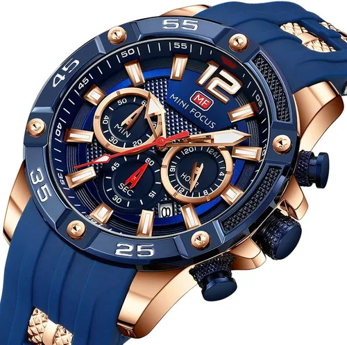 Vista 2 de MINIFOCUS - Reloj de pulsera analógico de cuarzo con esfera grande, correa de silicona azul, calendario, fecha, calendario