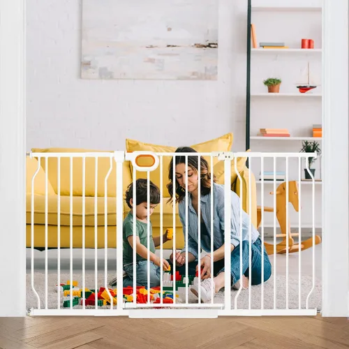 Vista 8 de Puerta extra ancha para bebés con puerta montada a presión de 57.5 a 62.2 pulgadas, puertas de seguridad para perros, puertas de seguridad para Negro