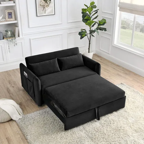 Vista 2 de Holaki Sofá cama convertible de terciopelo de 55 pulgadas, sofá biplaza tapizado de terciopelo moderno, sofá cama extraíble con respaldo ajustable