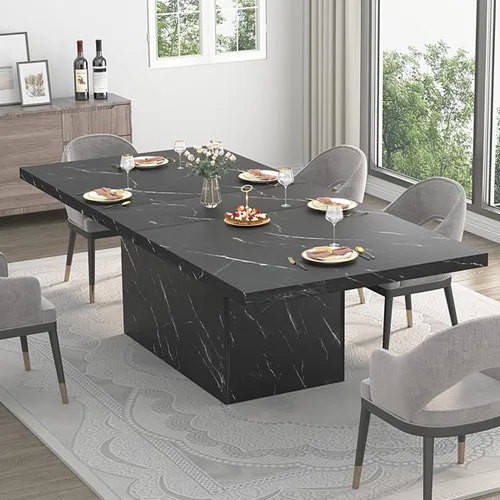 Vista 9 de HSH Mesa de comedor de 55 pulgadas para 4, moderna mesa de comedor de mármol sintético negro, mesa de cocina rectangular con pedestal resistente