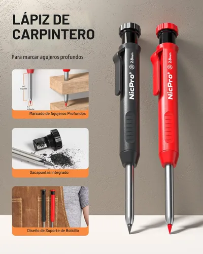 Vista 2 de Nicpro Lápiz de carpintero con sacapuntas, juego de lápices mecánicos con 26 recambios, marcador de agujeros profundos para construcción, Negro