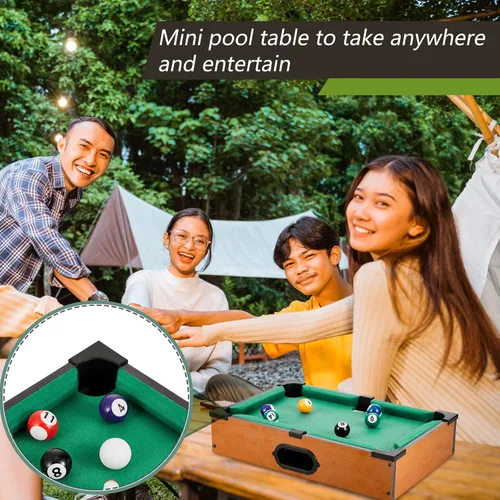 Vista 6 de Shappy Mini juego de mesa de billar Mesa de billar para gatos, juego de billar pequeño con 16 bolas, 2 palos de billar, 6 cubos de tiza, 6 puntas