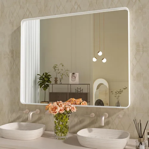 Vista 6 de WEER - Espejo de baño con luces LED, 50x70cm, espejo de tocador montado en la pared, 3 colores regulables, almohadilla antiempañante retroiluminada